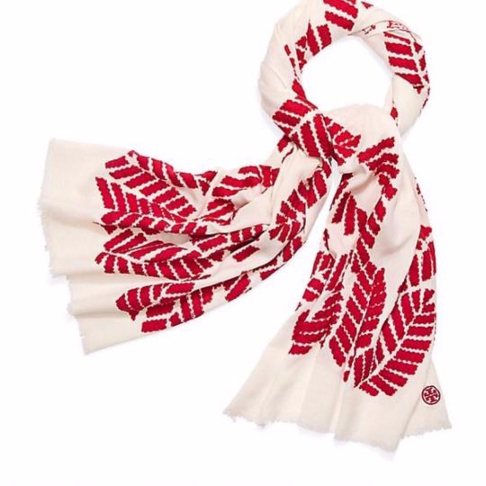 TORY BURCH Ivory/Red Oblong Palmetto Scarf/Wrap